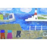 Cornish School, amusing harbour scene, watercolour, 27" x 19½"