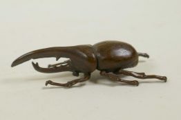 A Japanese Jizai style bronze of an eastern Hercules beetle, 2" long