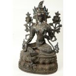 A Sino-Tibetan detailed bronze figure of Buddha seated in meditation on a lotus throne,