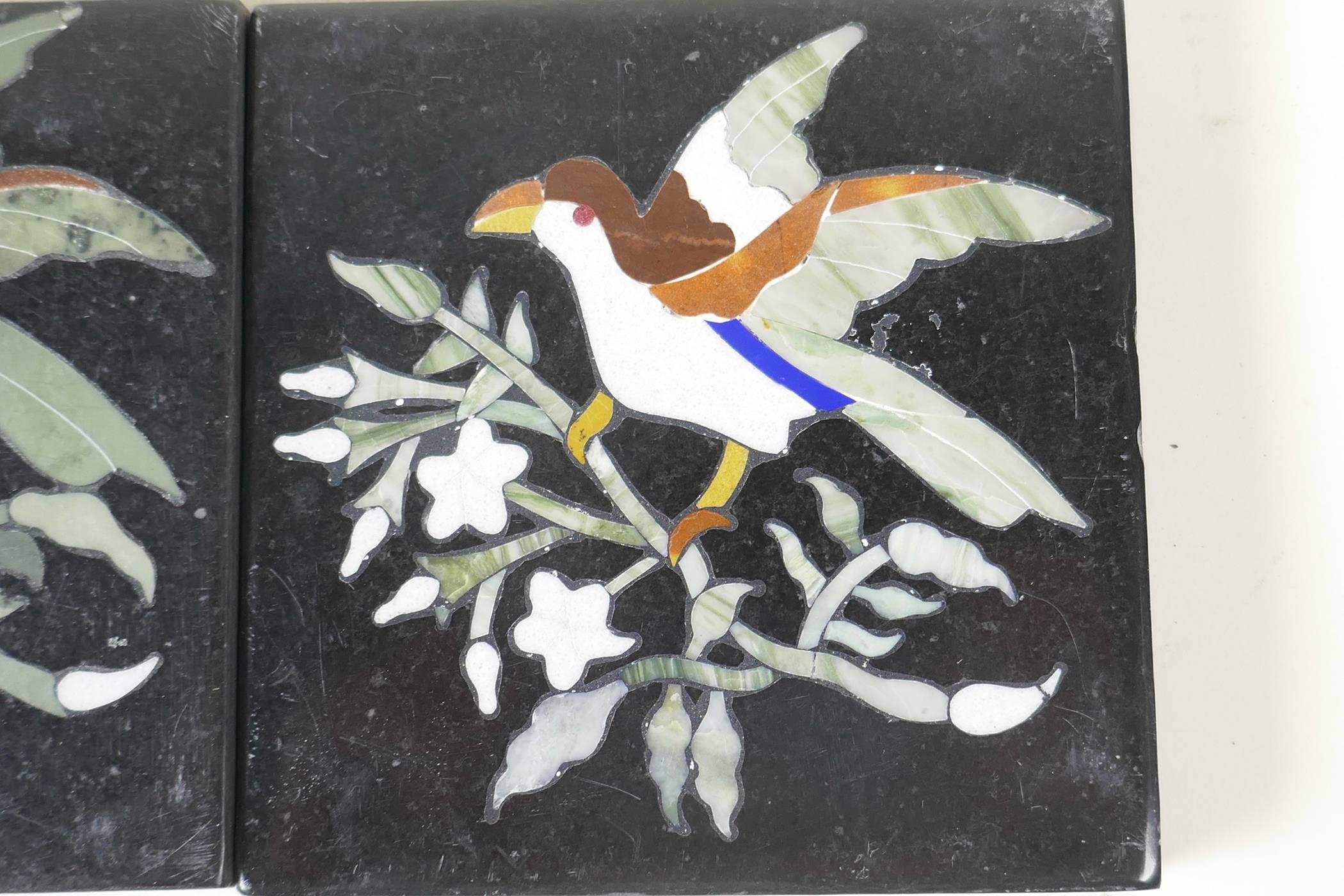 A pair of C19th pietra dura tiles decorated with birds on flowering branches, 4" square - Image 3 of 4