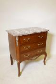 A marble topped mahogany three drawer commode with boxwood lining and inset burr walnut panels, with