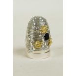 A novelty sterling silver pincushion and thimble in the form of a beehive, 1"