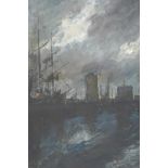 Port scene at dusk, inscribed on frame plaque 'Dordrecht, Hendrik Jan Wolter', oil on board, 10" x