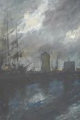 Port scene at dusk, inscribed on frame plaque 'Dordrecht, Hendrik Jan Wolter', oil on board, 10" x