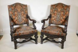 A fine pair of C19th Continental open arm chairs with crisp carved decoration, hump backs and shaped