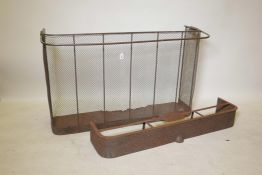 A steel and copper fire guard with pull out rail and a Victorian metal fender, 50" x 12" x 30"