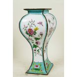 An unusual Oriental enamel vase of rectangular section decorated with flowers, butterflies and