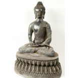 A Chinese bronze figure of Buddha seated in meditation on a lotus throne, 14" high
