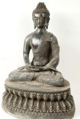 A Chinese bronze figure of Buddha seated in meditation on a lotus throne, 14" high