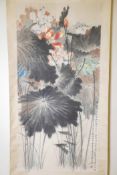 A Chinese watercolour scroll decorated with multicoloured lotus flowers, 25" x 52"