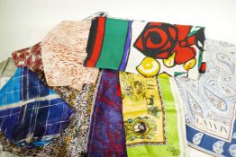 Six silk scarves of varying sizes, ages and designs, including a Lanvin Paris in blue tones with