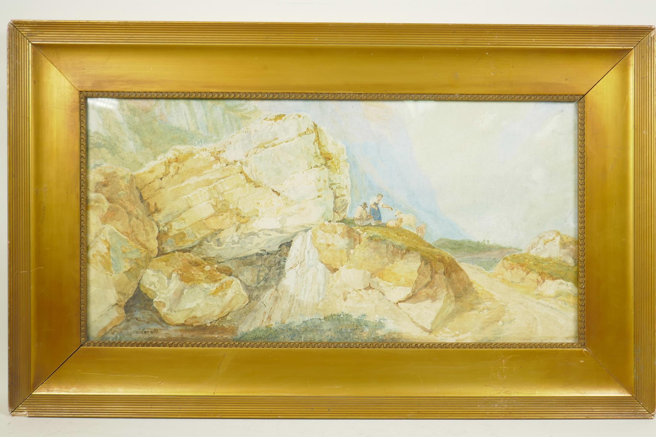 Figures with sheep by a mountain pass, signed 'C. Carelli', C19th, watercolour, 10" x 20" - Image 2 of 6