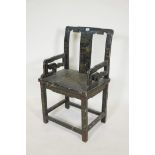 A Chinese black lacquered upright armchair with all over chinoiserie inlaid decoration having single