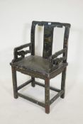 A Chinese black lacquered upright armchair with all over chinoiserie inlaid decoration having single