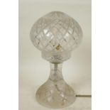 A cut glass mushroom shaped table lamp and shade, 12" high