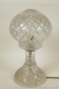 A cut glass mushroom shaped table lamp and shade, 12" high