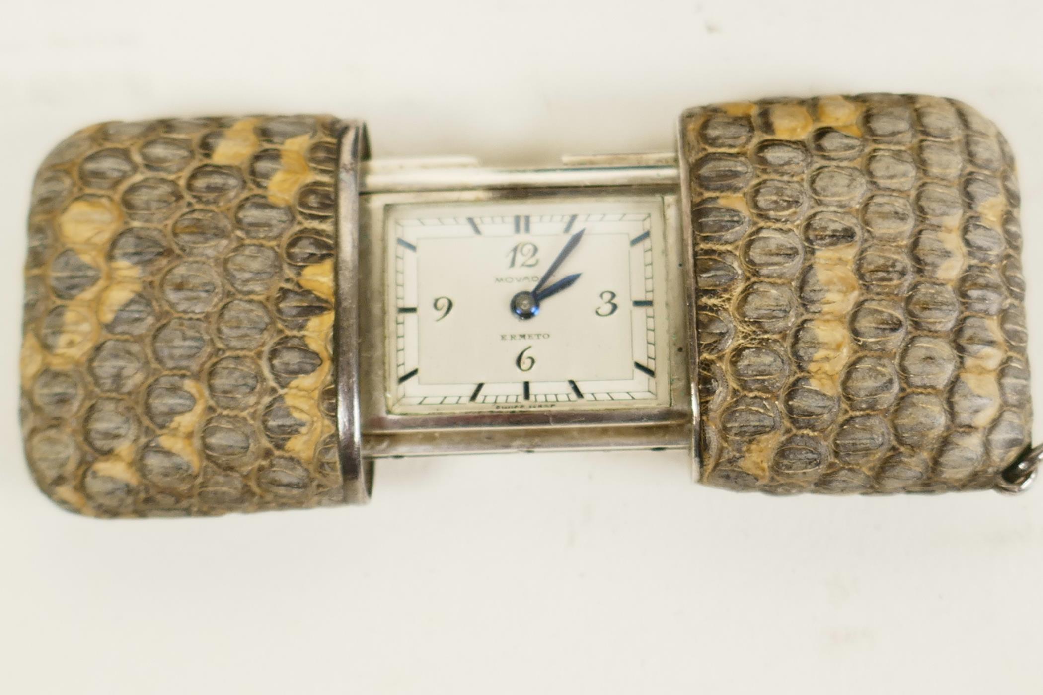 A Movado 'Baby Ermeto' purse watch with snakeskin case in its original presentation box, 1¾" long
