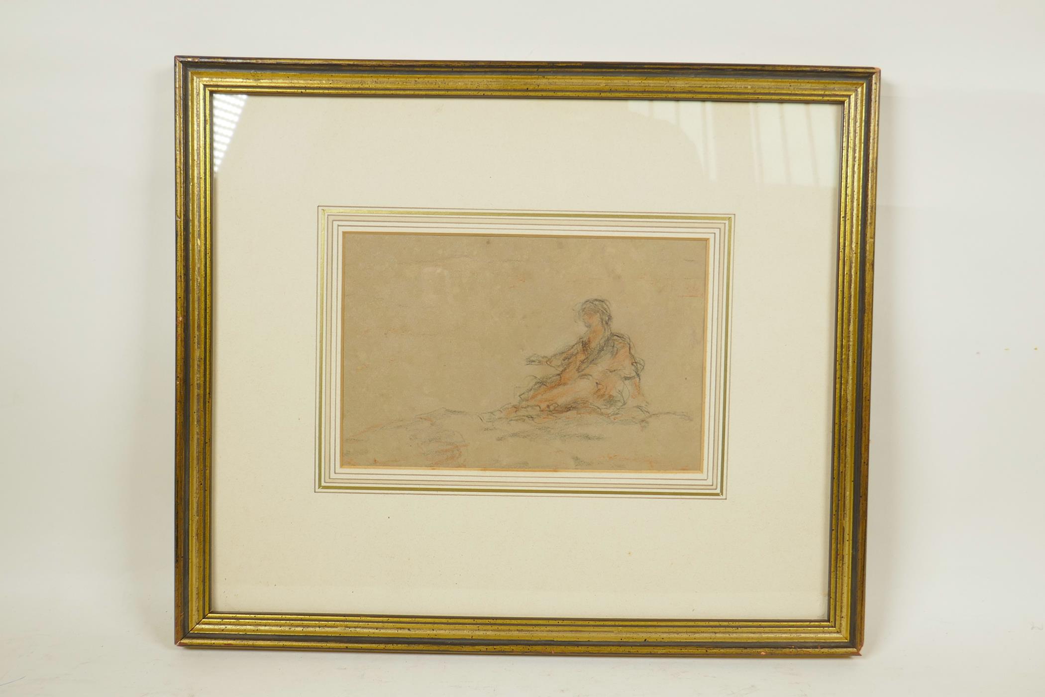 Study of a lady seated in a landscape, early C18th, charcoal drawing highlighted with red chalk, - Image 2 of 3