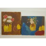 Two unframed oils on board, still life studies, flowers and fruit, one bearing label verso '