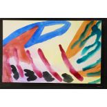 Sam Mundy, watercolour abstract scene painted on a postcard, spurious label attached, 3½" x 5½"