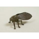 A Japanese Jizai style bronze of a cicada, 2" long