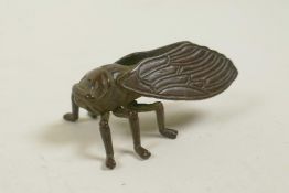 A Japanese Jizai style bronze of a cicada, 2" long
