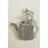 A 925 silver and marcasite set brooch in the form of a watering can, 1½"