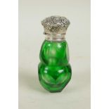 A faceted green glass and sterling silver vinaigrette perfume bottle, 3" high