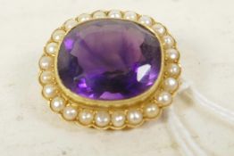 An unmarked gilt set seed pearl and amethyst brooch, gross 7.5 grams