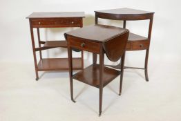 A C19th inlaid mahogany drop leaf two tier occasional table with single drawer, a corner washstand