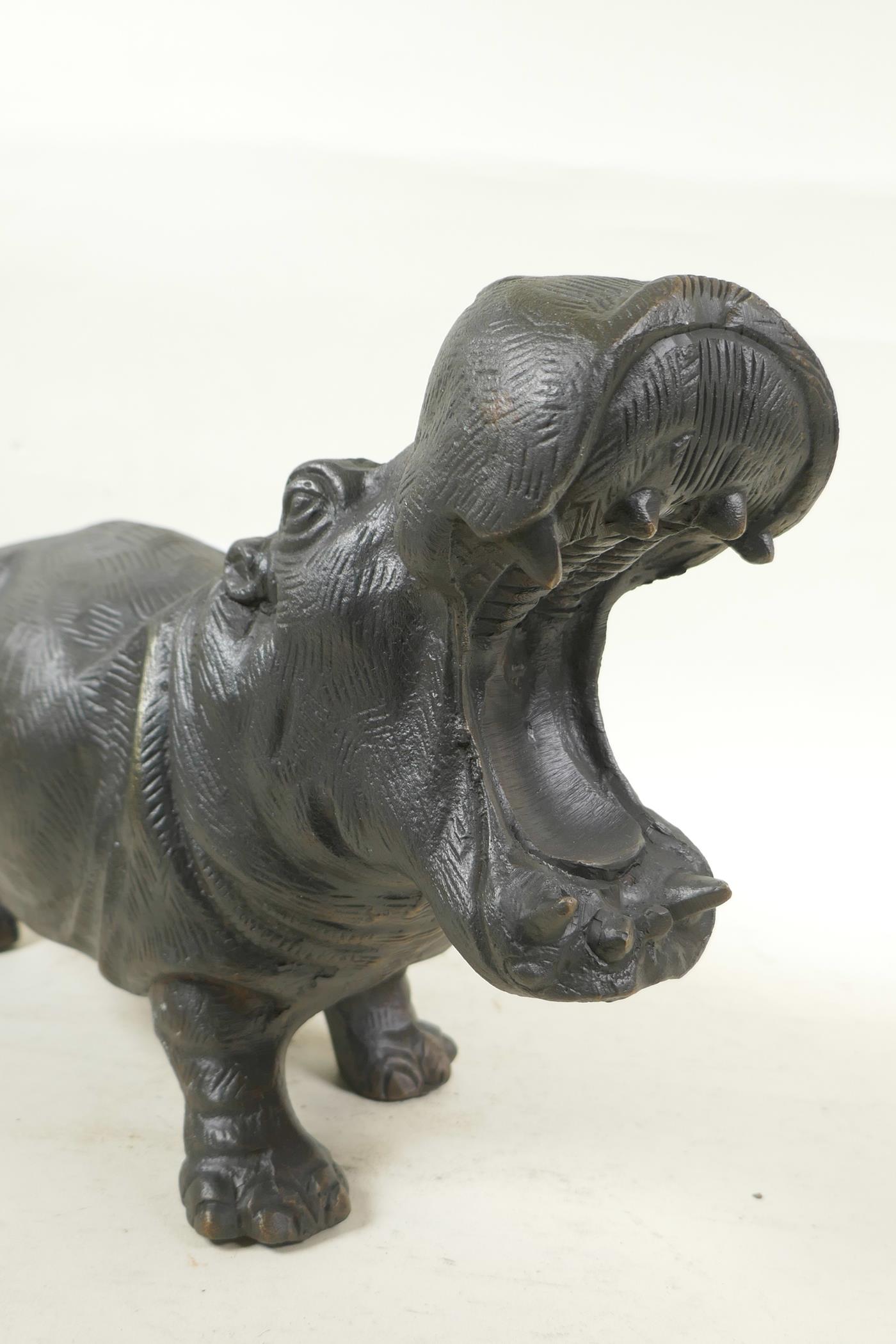 A cast bronze figure of a hippopotamus, 14" long - Image 2 of 4