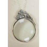 A 925 silver pendant magnifying glass with horse head decoration, 2" drop