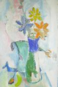 Still life with flowers in a vase, inscribed verso 'Phyllis Bray', unframed, oil on board, 30" x 18"