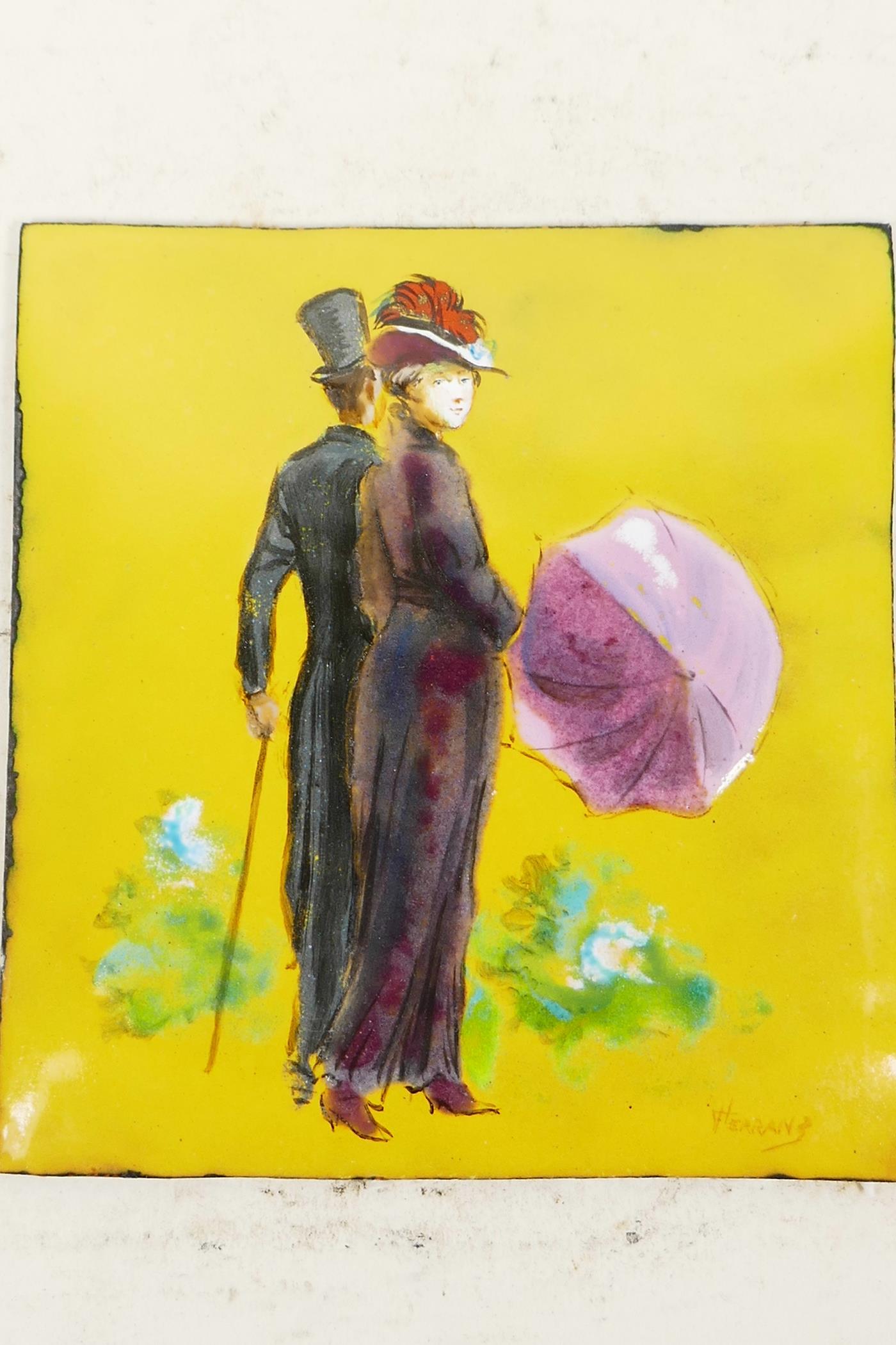 An enamelled copper plaque decorated with an elegant couple strolling in a garden, signed, 4" x 4½"