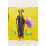 An enamelled copper plaque decorated with an elegant couple strolling in a garden, signed, 4" x 4½"