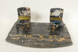 A French Art Deco marble desk standish with two inkwells, 13½" wide