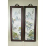 A pair of Chinese Republic style porcelain panels decorated with famille verte mountain landscape