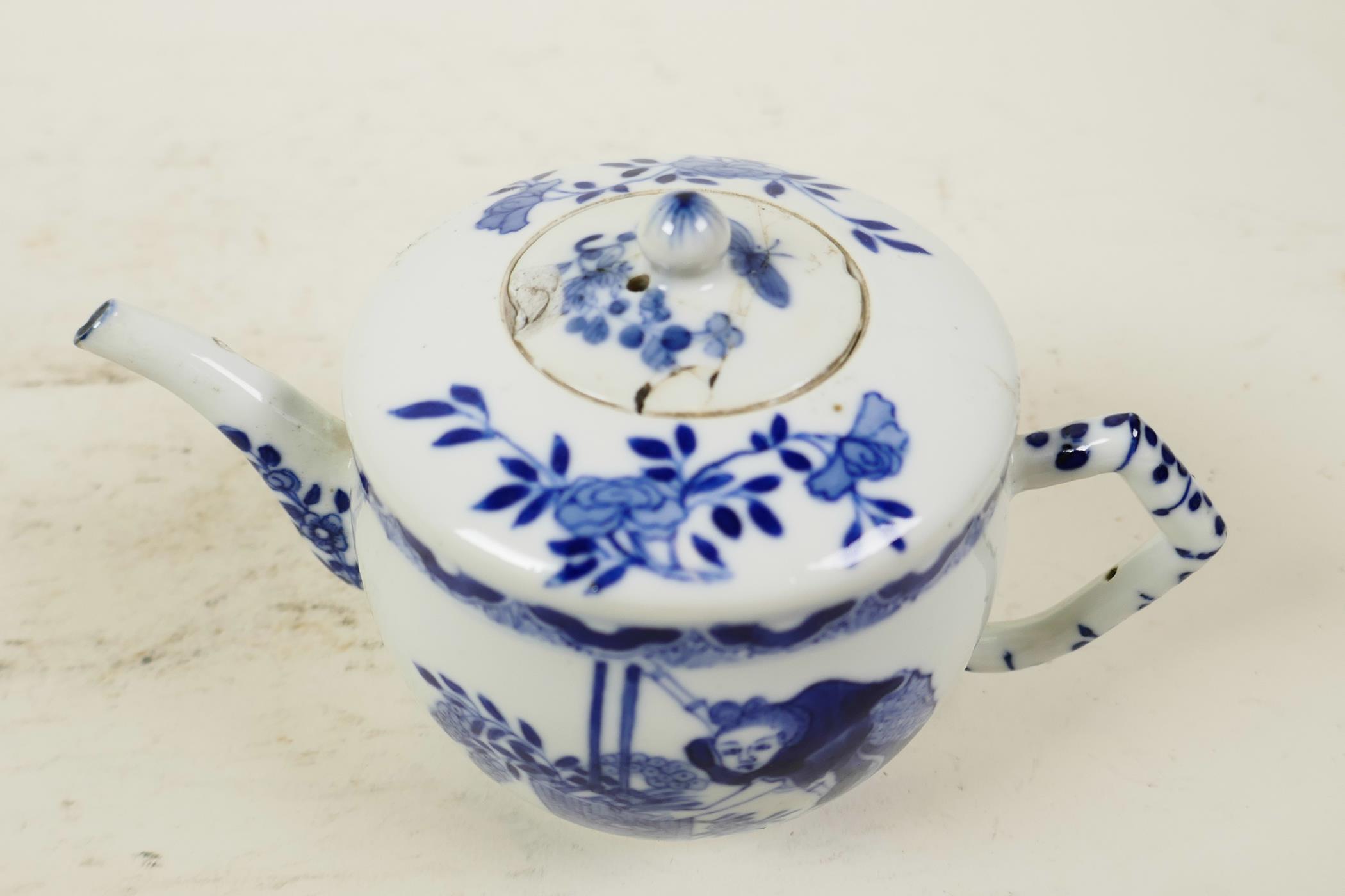A Chinese style small blue porcelain teapot decorated with birds and blossom, A/F, 3½" high - Image 3 of 4