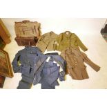 Three army and two RAF uniforms, an army officer's suit bag and a leather bag