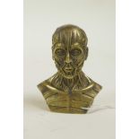 A brass vesta case in the form of an anatomical figural bust, 2½"