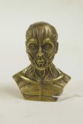 A brass vesta case in the form of an anatomical figural bust, 2½"