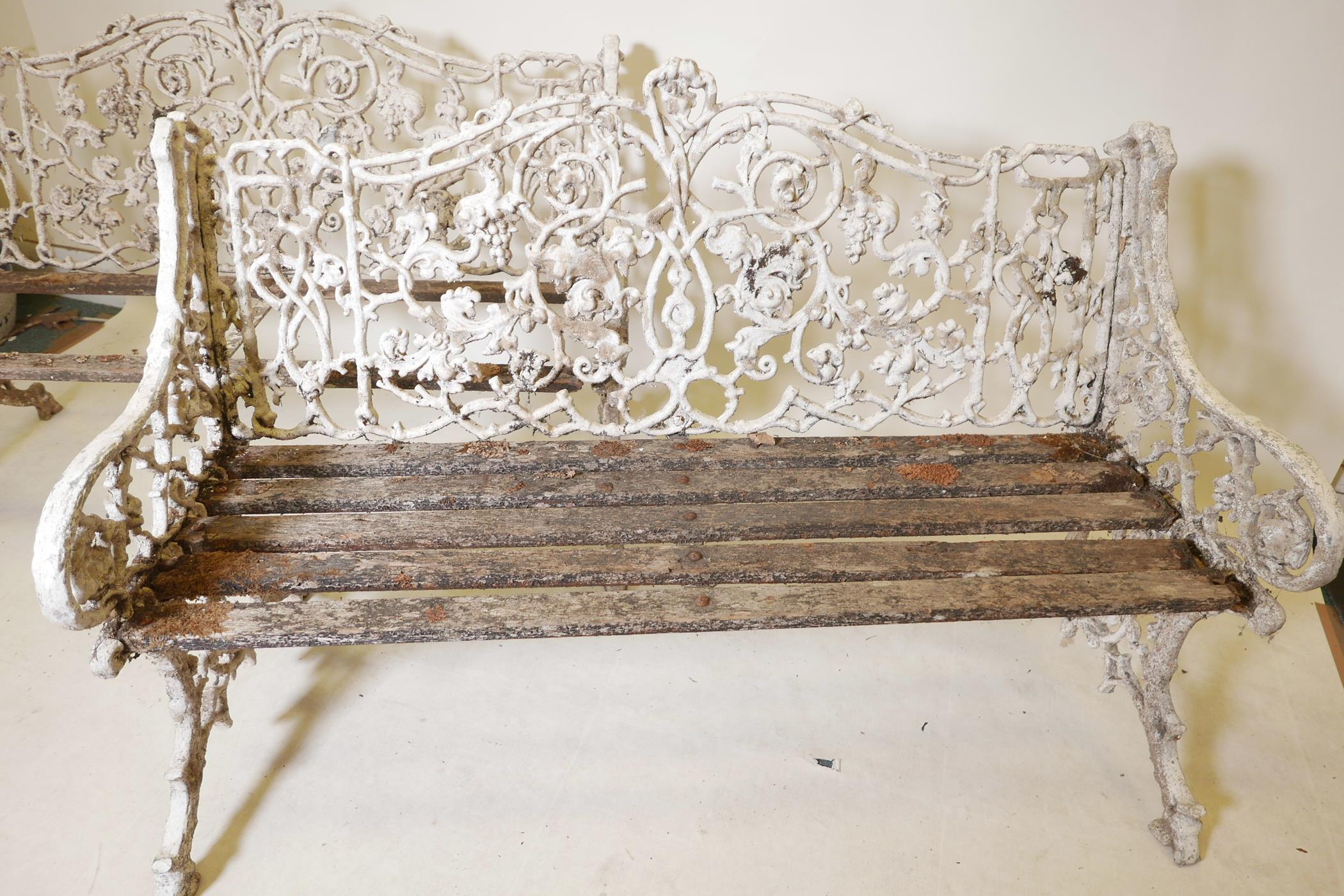 A pair of mid C20th painted cast aluminium garden benches in the Coalbrookdale style, by repute cast - Image 3 of 3