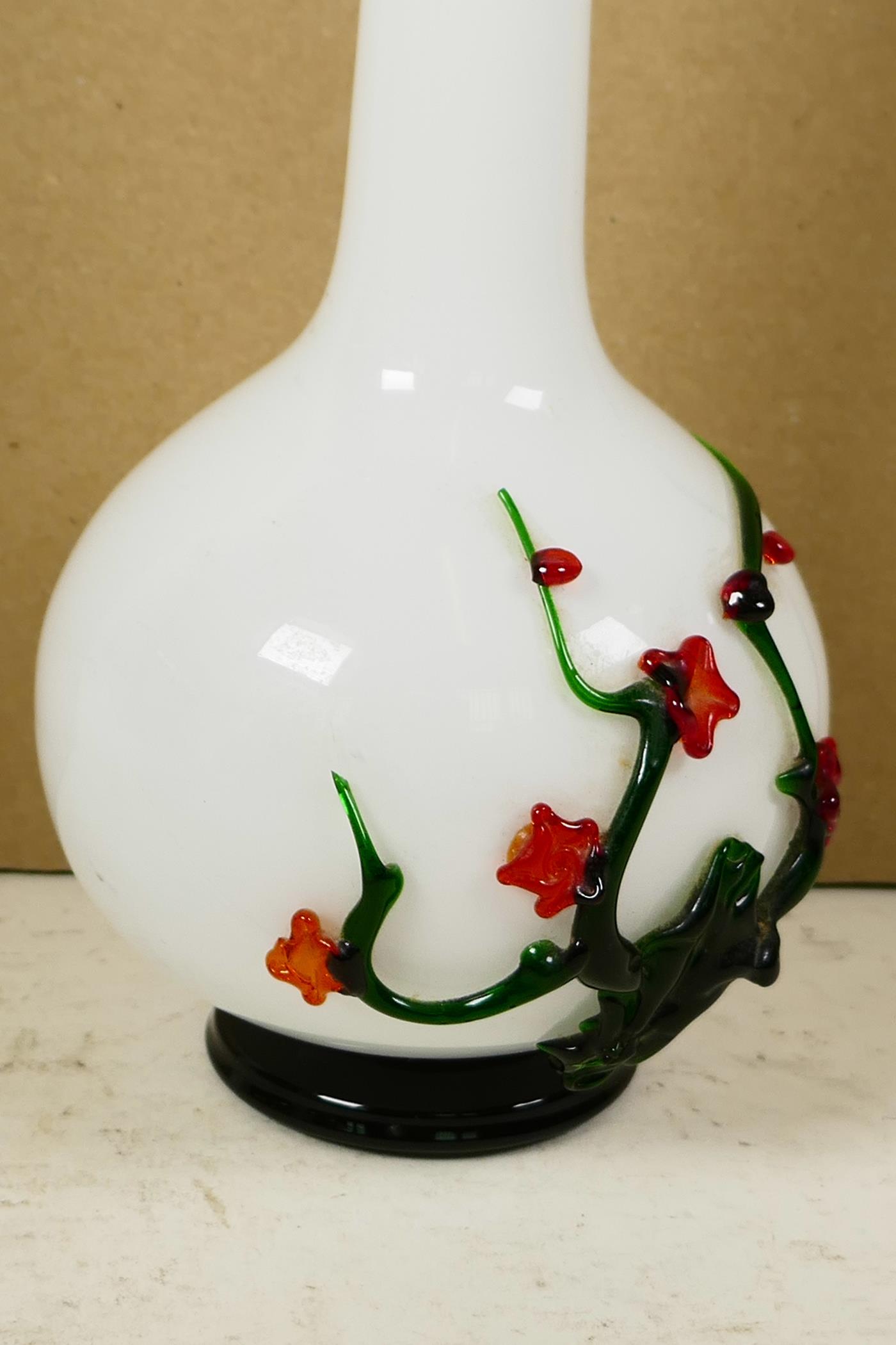 An unusual long necked white specimen vase with bulbous base, having applied decoration of a - Image 3 of 4