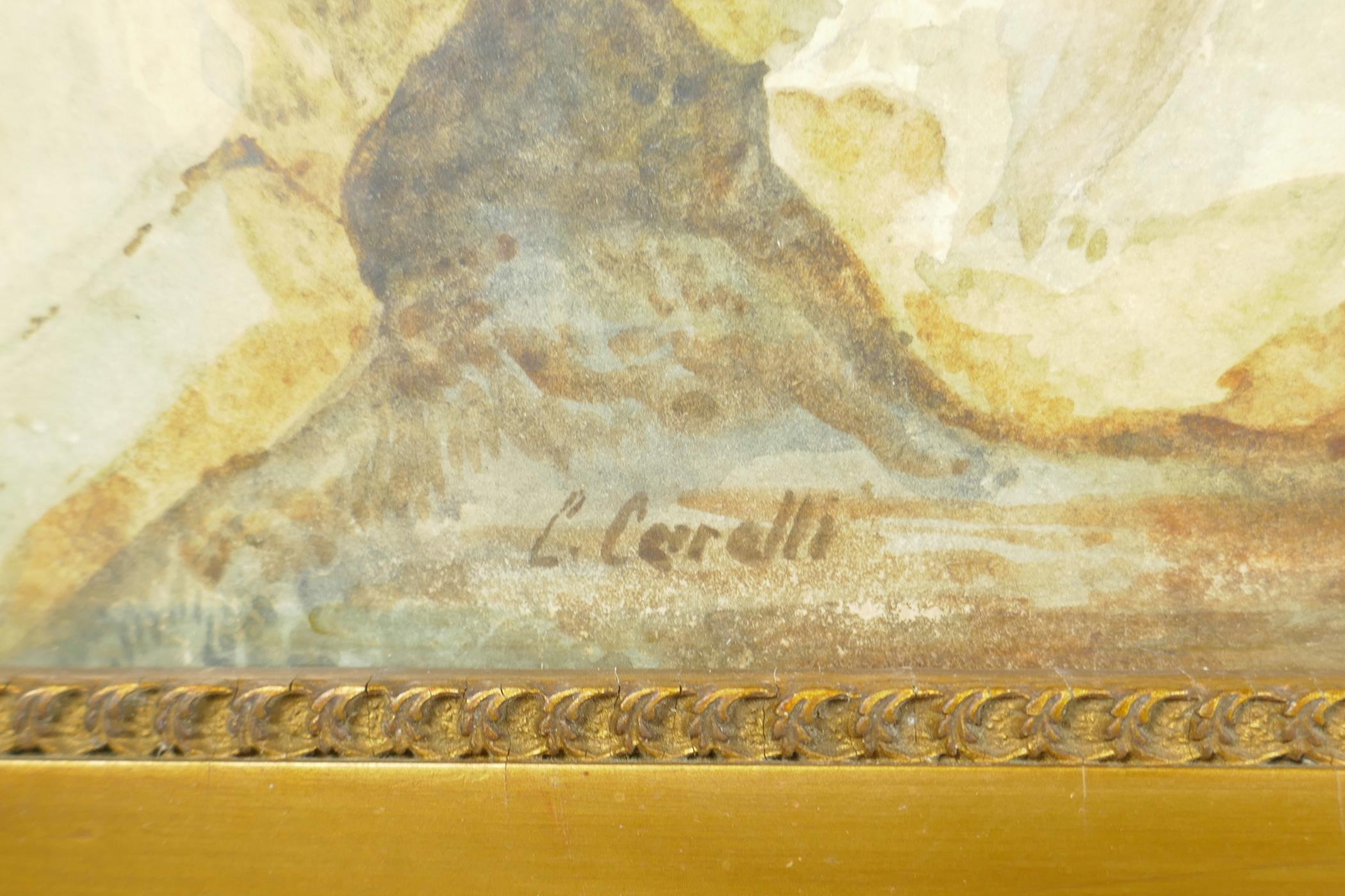 Figures with sheep by a mountain pass, signed 'C. Carelli', C19th, watercolour, 10" x 20" - Image 3 of 6