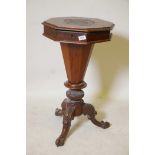 A Victorian inlaid wlanut trumpet shaped work box raised on carved cabriole supports, A/F top
