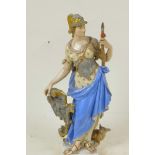 A Continental porcelain allegorical figure of a female with spear and shield, with spotted owl at