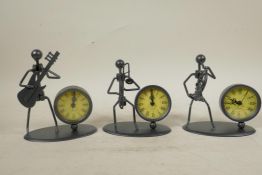 A set of three metal nuts and bolts figural desk clocks in the form of musicians, 5" high