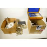 Two boxes of miscellaneous silver plated items