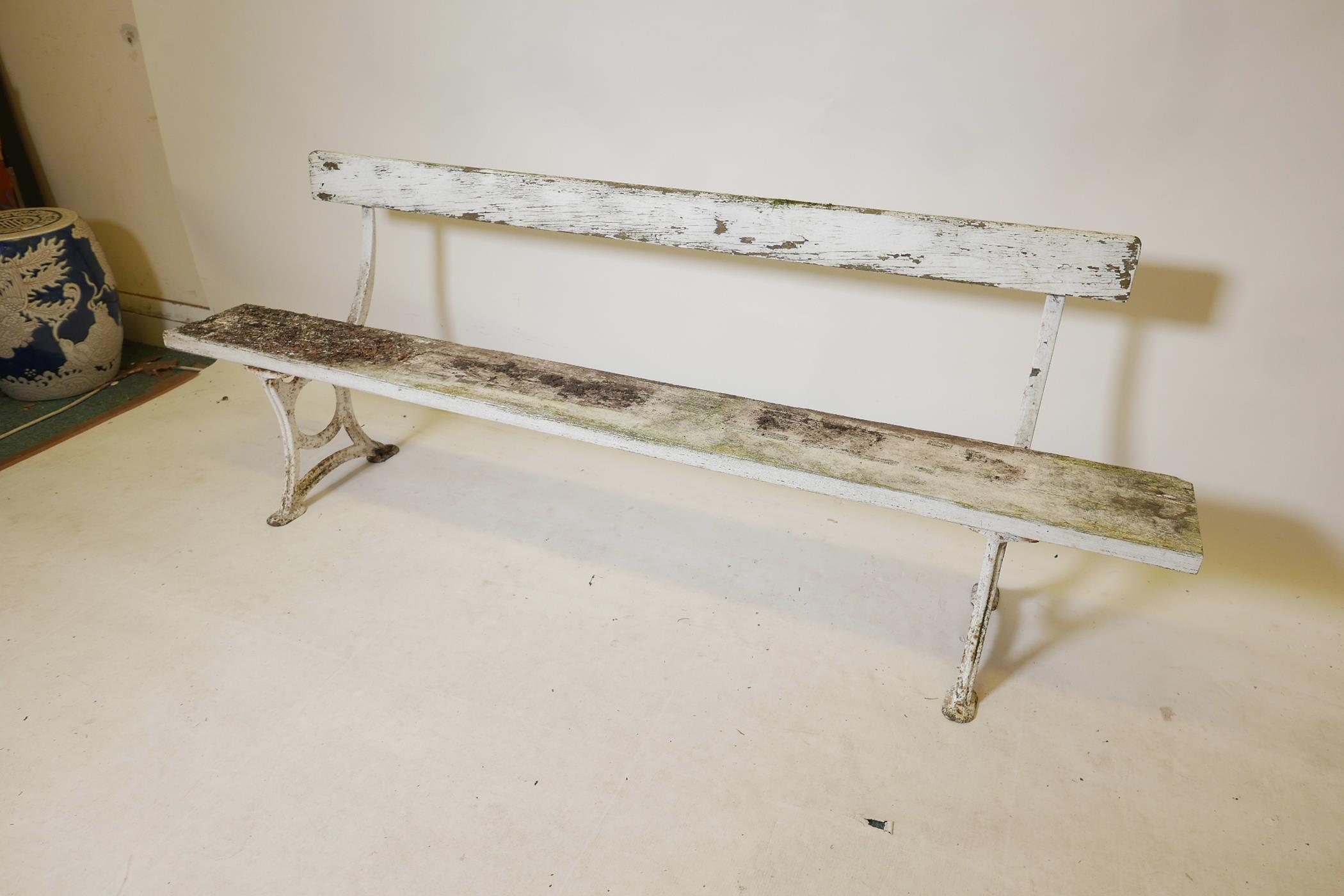 A vintage painted metal and wood low bench, 79" long - Image 2 of 2