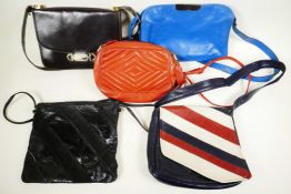 Five classic 1970s handbags, four in leather and one synthetic, various colours and designs, five in
